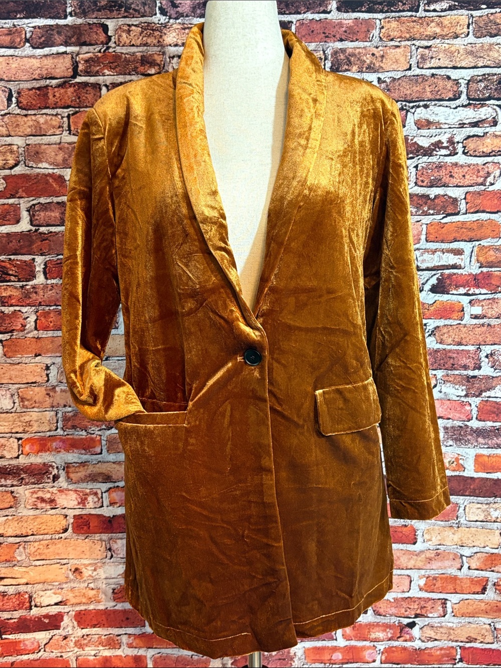 Women’s Crushed Soft Velvet Rich Golden Brown Single-Button Blazer Jacket Large